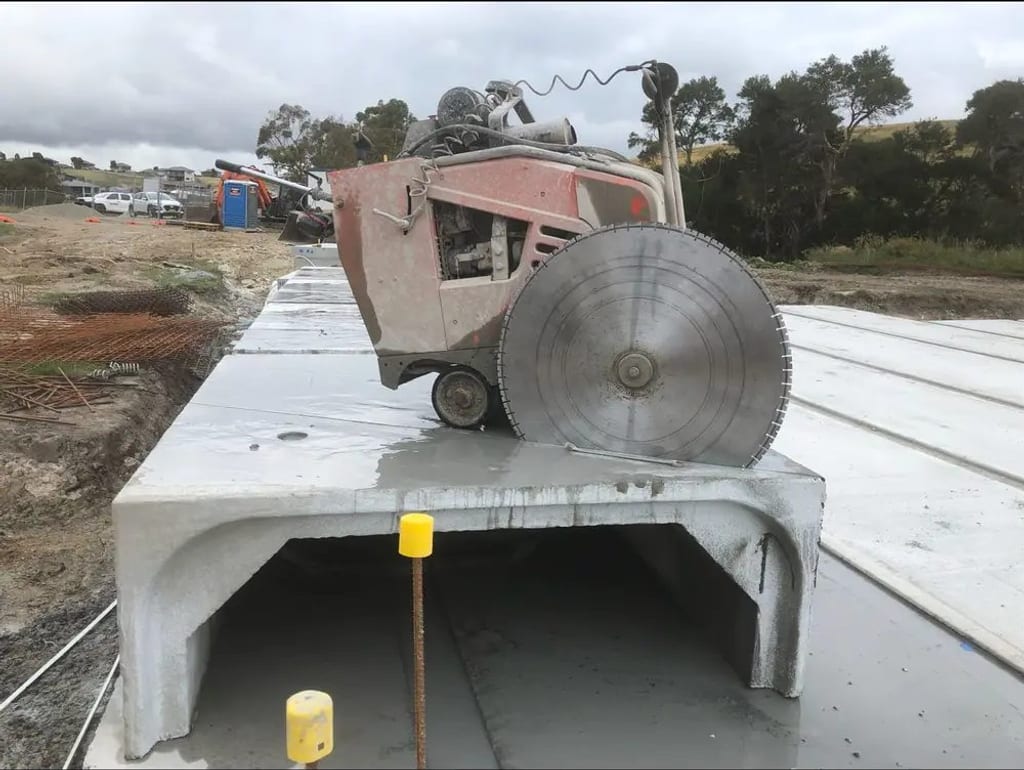 Road saw cutting a concrete culvert on a Melbourne civil site